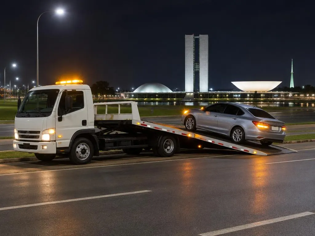 Caminhão guincho plataforma recebendo um sedã à noite em avenida de Brasília