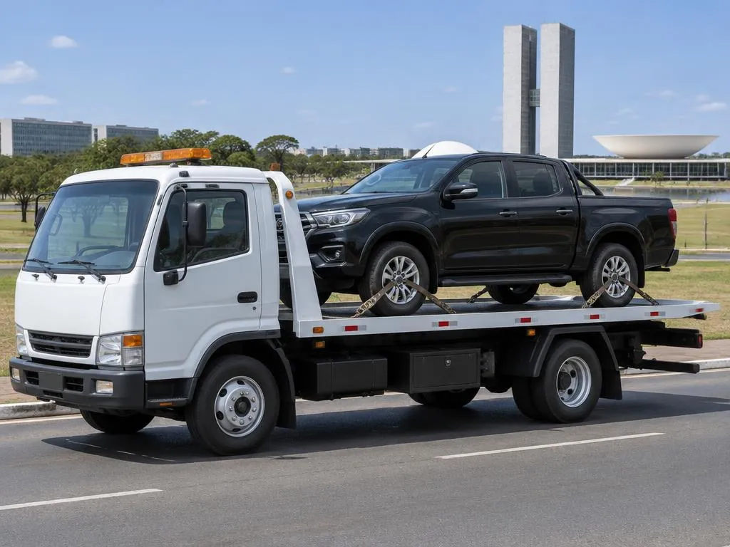Caminhão guincho plataforma transportando uma caminhonete em Brasília