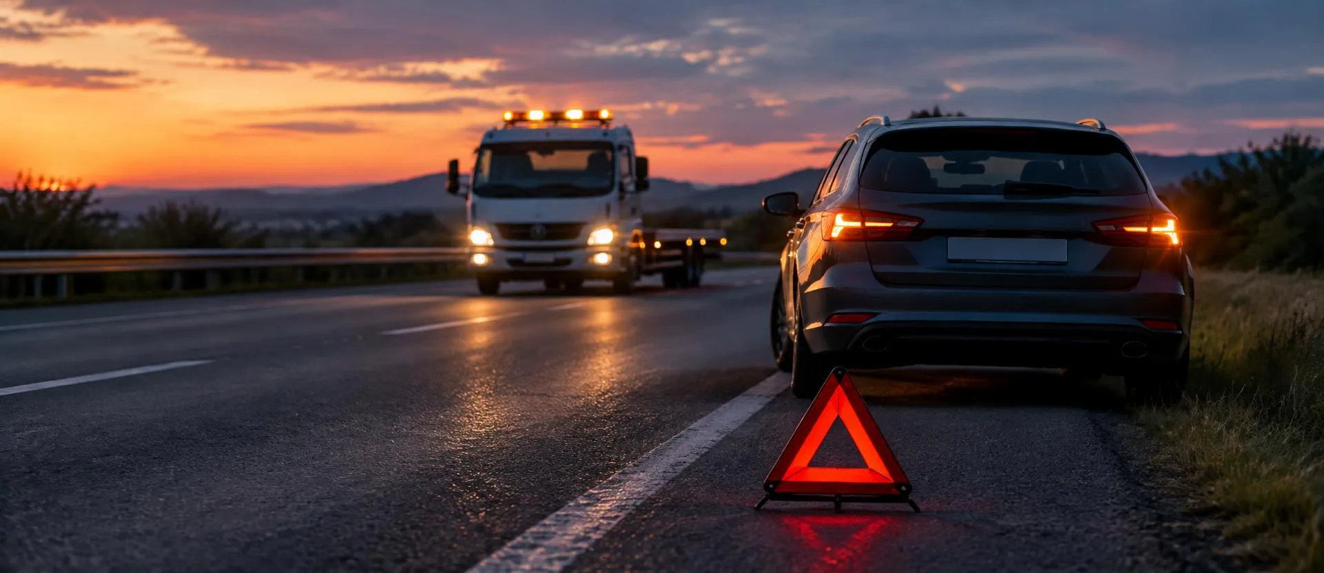 Carro parado no acostamento com triângulo e guincho plataforma chegando